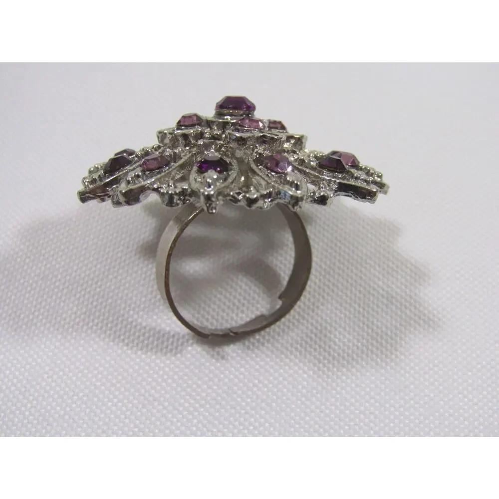 VTG Purple Floral Rhinestone Adjustable Ring 7 3/4